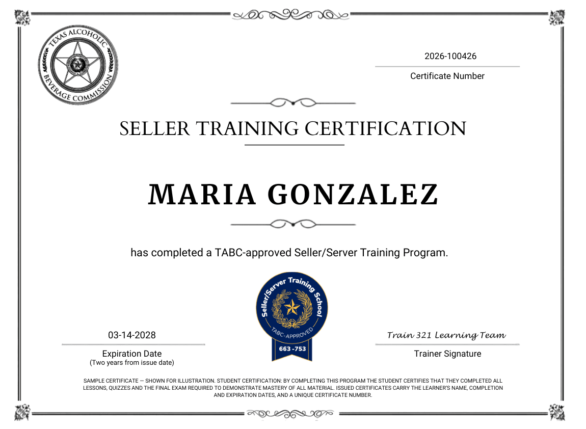 Sample TABC Seller Training Certification for Maria Gonzalez, showing the certificate number, expiration date and trainer signature